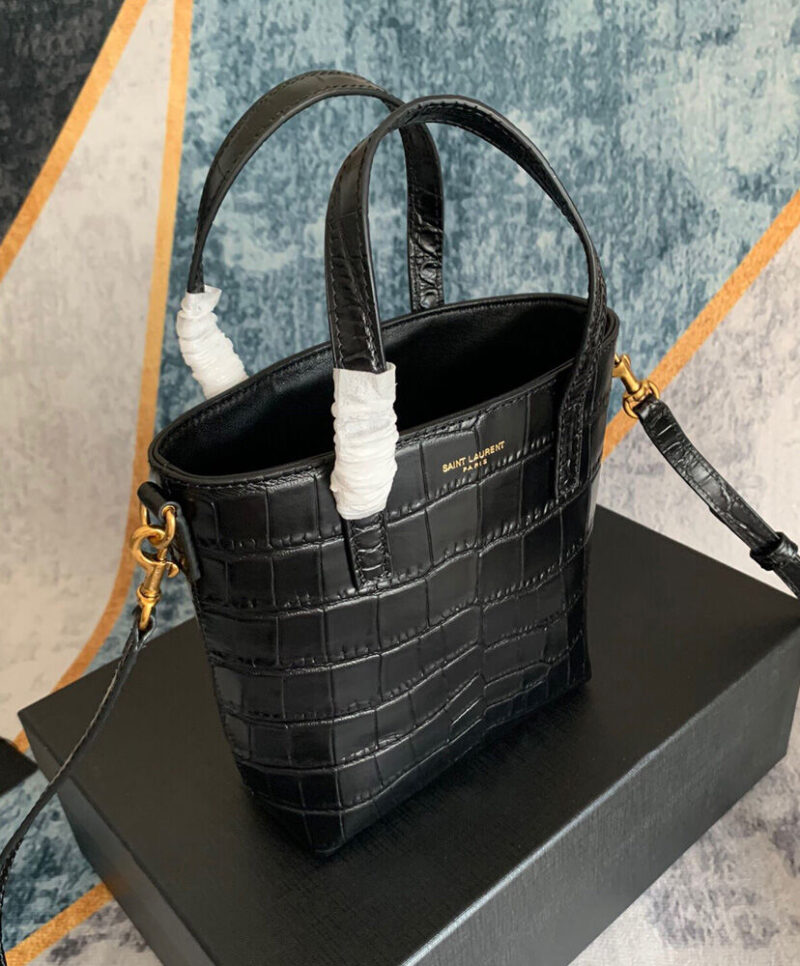 Saint Laurent Paris Mini Toy Shopping In Crocodile-Embossed Leather Black